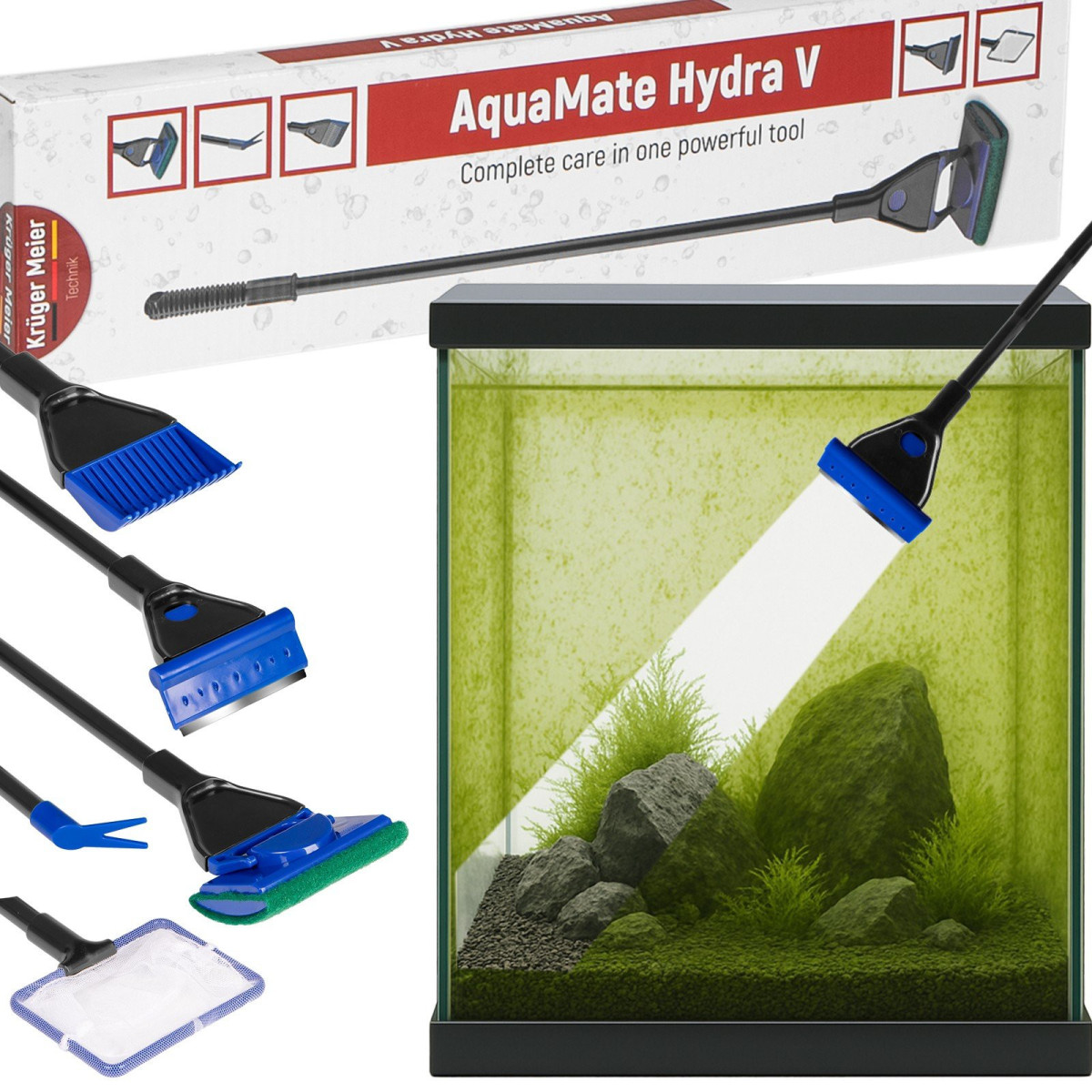 Kruger Meier AquaMate Hydra V - skrobak i czyści do akwarium 5 w 1, 55–60 cm długości, metalowy skrobak
