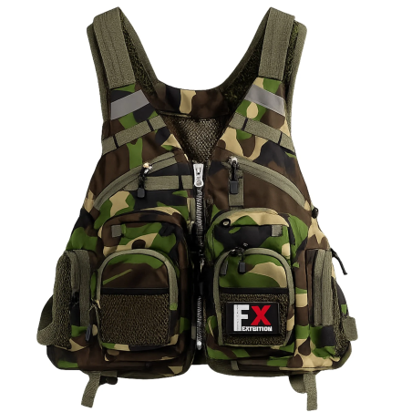 Kamizelka wędkarska Fishing Expedition MaxiVest Camo, wielokieszeniowa, lekka, regulowana