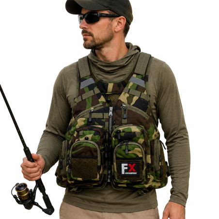 Kamizelka wędkarska Fishing Expedition MaxiVest Camo, wielokieszeniowa, lekka, regulowana