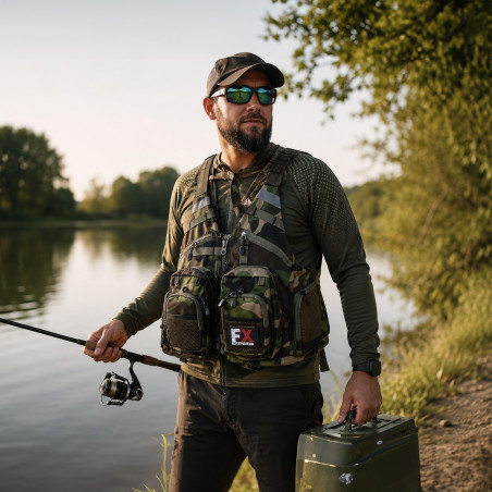 Kamizelka wędkarska Fishing Expedition MaxiVest Camo, wielokieszeniowa, lekka, regulowana