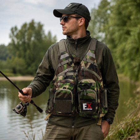 Kamizelka wędkarska Fishing Expedition MaxiVest Camo, wielokieszeniowa, lekka, regulowana
