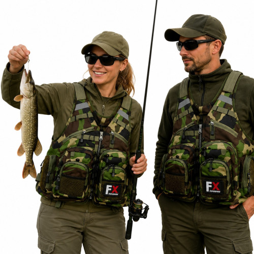 Kamizelka wędkarska Fishing Expedition MaxiVest Camo, wielokieszeniowa, lekka, regulowana