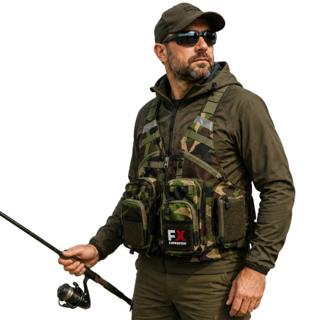 Kamizelka wędkarska Fishing Expedition MaxiVest Camo, wielokieszeniowa, lekka, regulowana