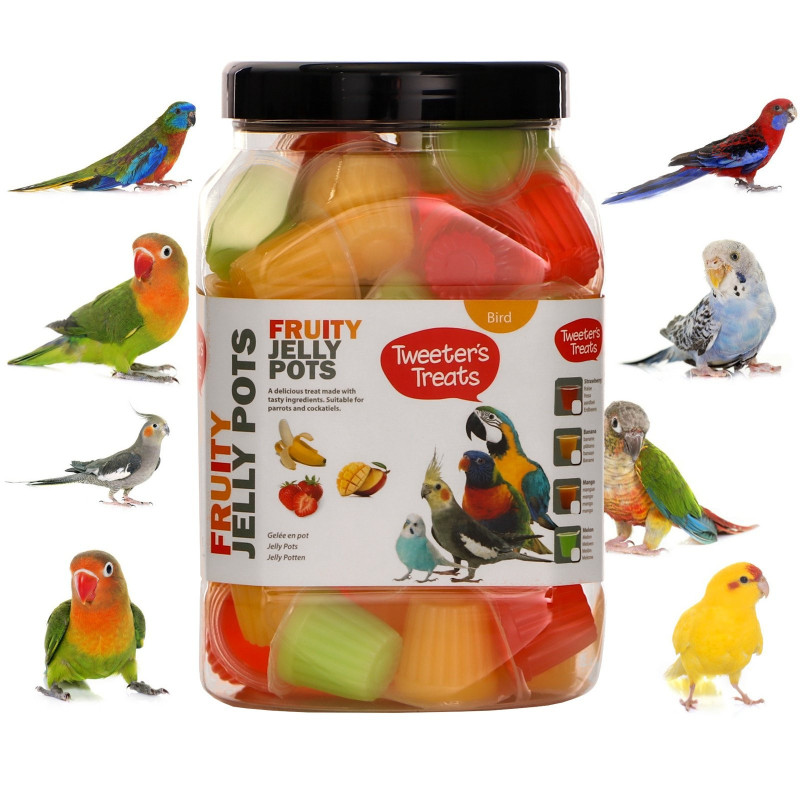 HappyPet Tweeter's Treats Fruity Jelly Pots 60 sztuk - mix smaków – Smaczne i zbilansowane urozmaicenie diety papug