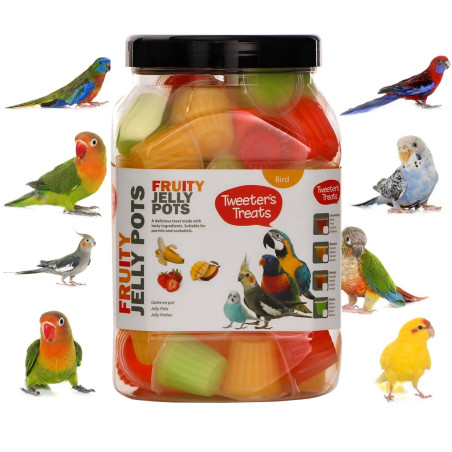 HappyPet Tweeter's Treats Fruity Jelly Pots 60 sztuk - mix smaków – Smaczne i zbilansowane urozmaicenie diety papug