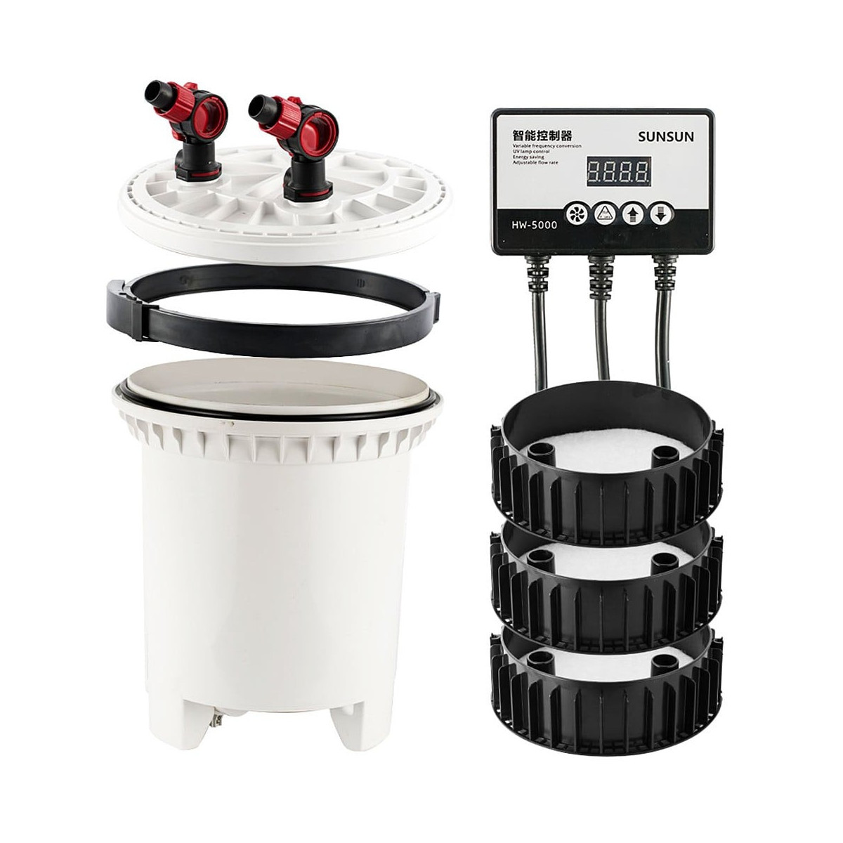 SunSun HW-5000 LCD + UV -Zakres wydajności 1800–4600 l/h (pobór 10–40W) – precyzyjne dopasowanie przepływu i zużycia energii.